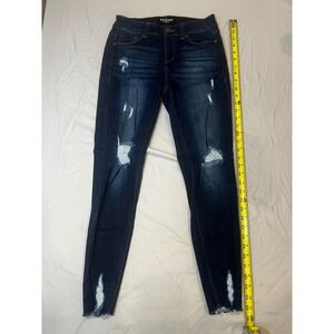 ENJEAN‎ Women's Dark Wash Distressed Ripped Frayed Hem Skinny Jeans